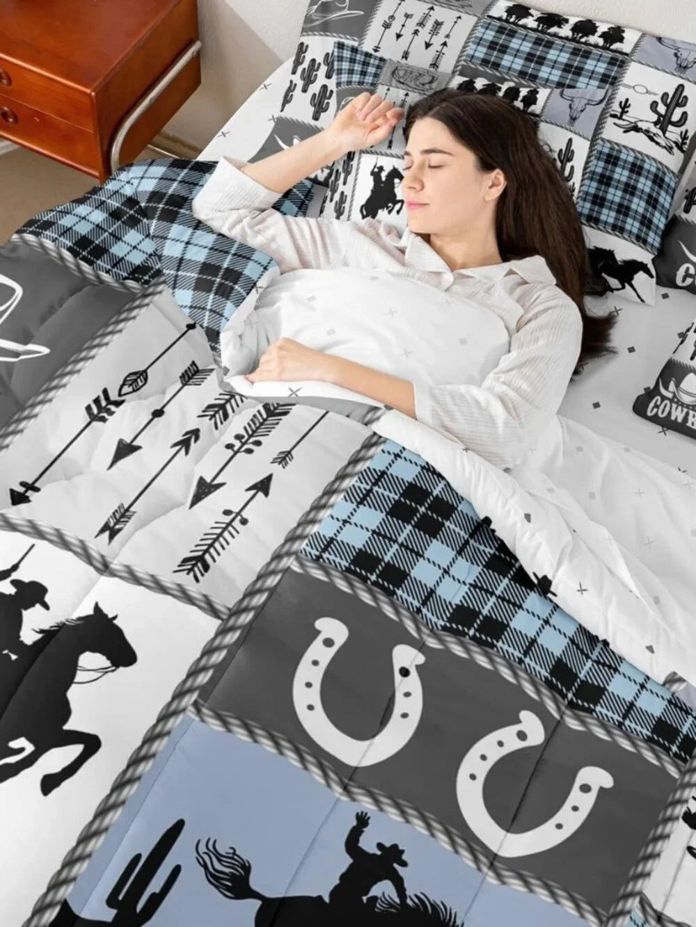 7 Pieces King Size Western Cowboy Kids Comforter Set,Horseshoes Cactus Rustic Fa